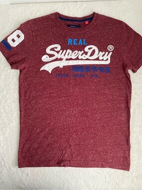 Superdry Men's Maroon Heather Logo Tee with Blue Accents
